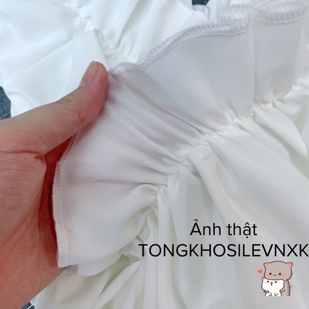 Áo Viền Bèo Croptop Trễ Vai Cổ Vạt Chéo Chun Ngực - Áo Cổ V Trắng Tay Phồng Chun Eo