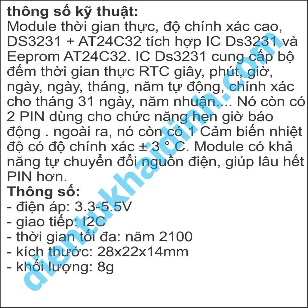 Module thời gian thực, độ chính xác cao, DS3231 + AT24C32, I2C kde0034