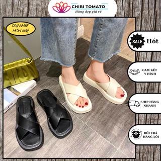 Dép bánh mỳ quai chéo da cao cấp thời trang đẹp đế cao 3p