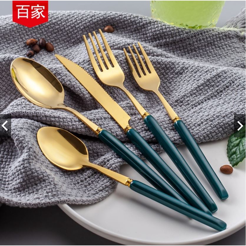 Bộ Đĩa, Thìa, Đũa... inox mạ vàng - Cán sứ xanh cổ vịt sang trọng