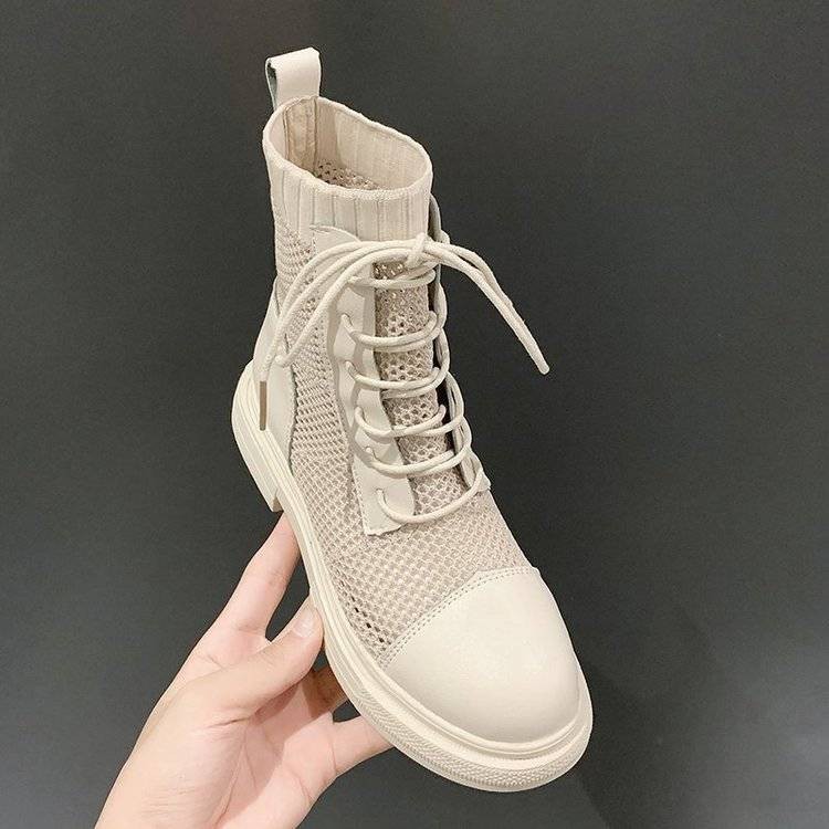 giày Martin boots lưới thoáng khí của phụ nữ 2021 mùa xuân và hè mới màu đỏ cao cổ mỏng đế bệt kiểu La Mã