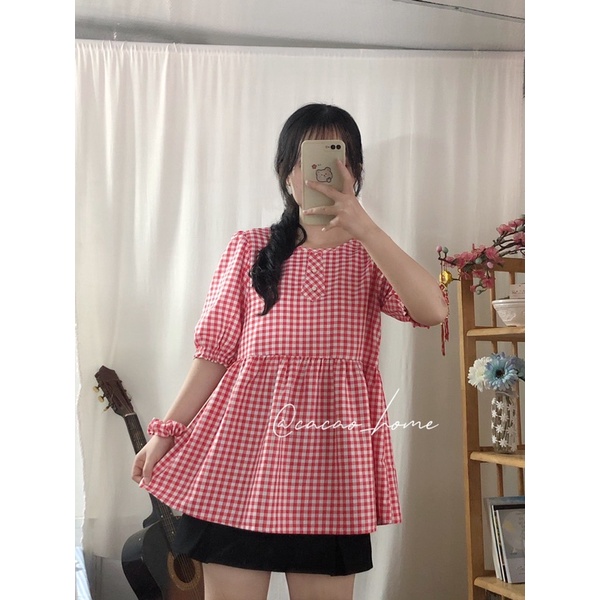 Áo babydoll caro 9 màu tay phồng vải katê thoáng mát tặng kèm scrunchie cùng màu