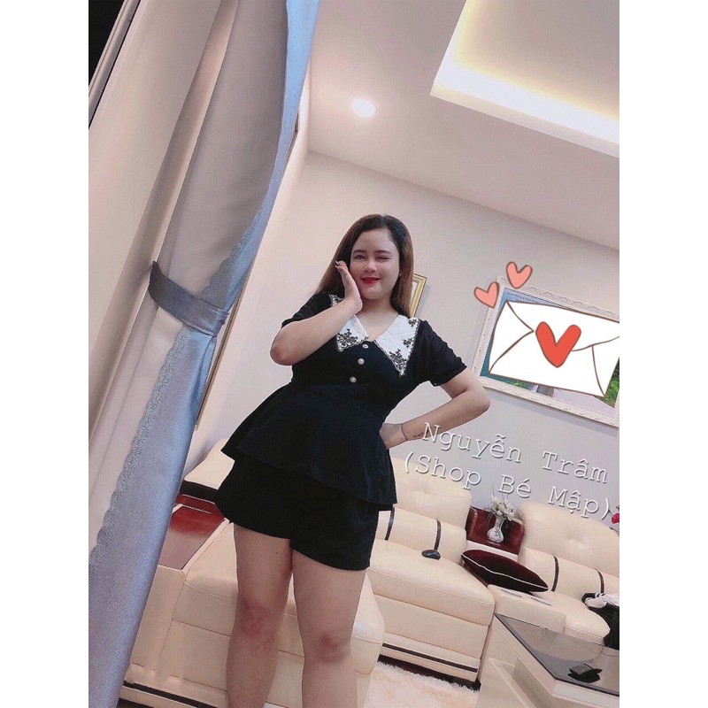 Set Áo Peplum Tay Voan Cổ Thêu Kèm Quần Short BigSize 65-85Kg [Hình Thật Chính Chủ]