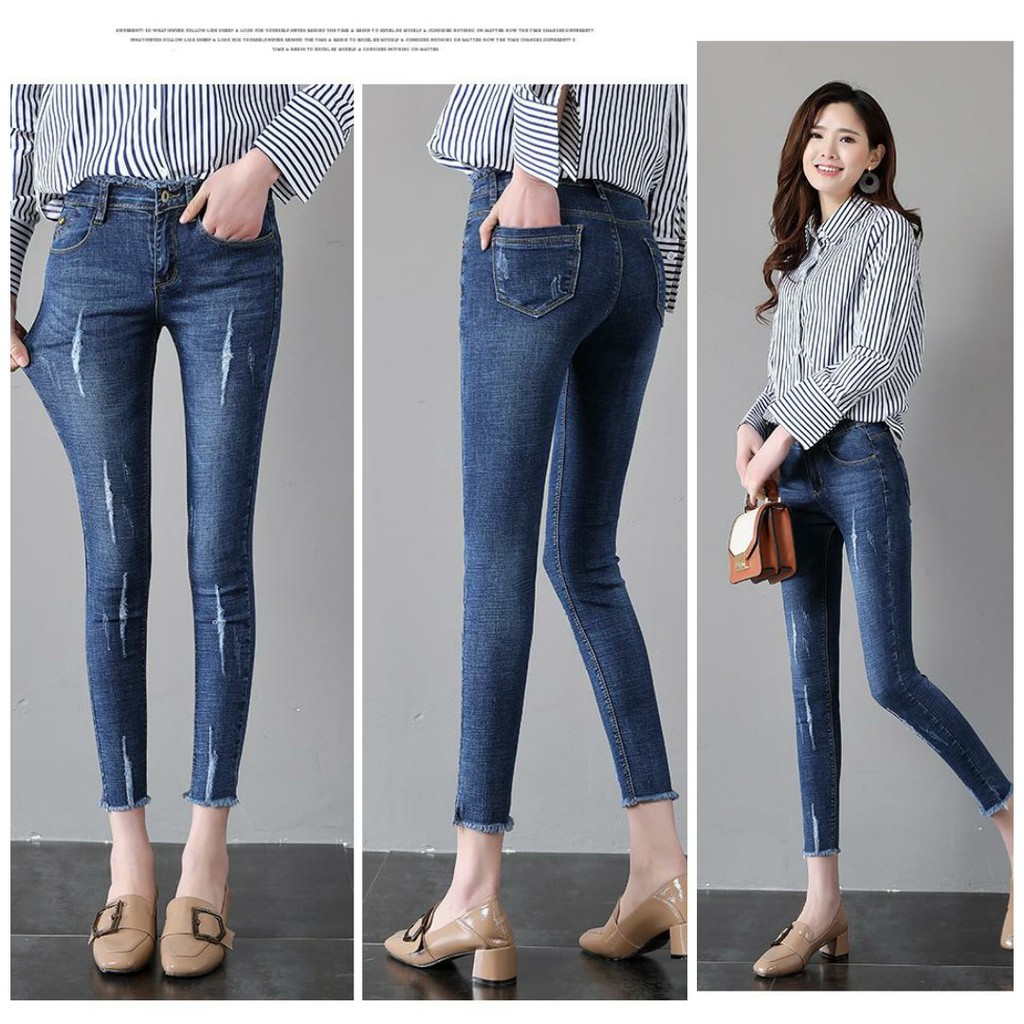 Quần Jeans Nữ 9 Tấc Xước Rách Co Giãn Lưng Cao