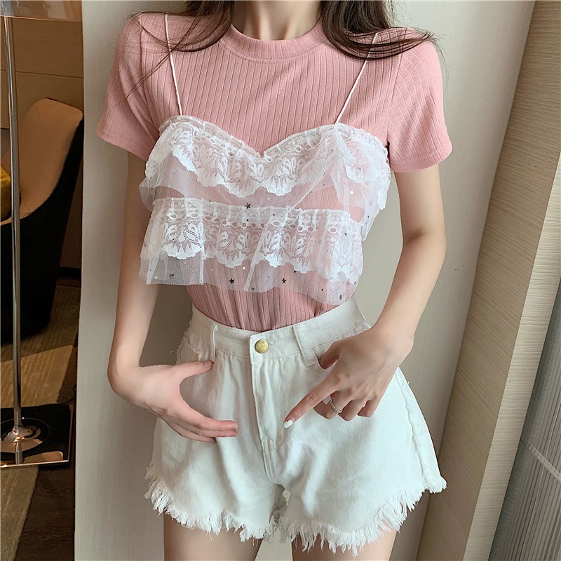 Áo Thun Tay Ngắn Giả Hai Lớp Phong Cách Hàn Quốc Cho Nữ | BigBuy360 - bigbuy360.vn