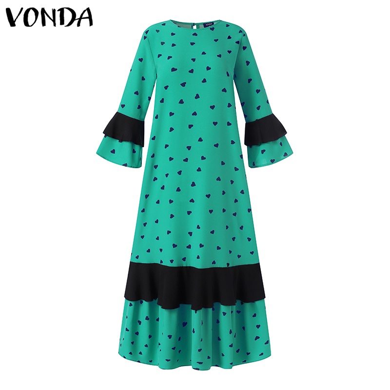 Đầm maxi VONDA cổ tròn tay 3/4 dáng rộng in họa tiết trái tim thời trang cổ điển cho phái nữ