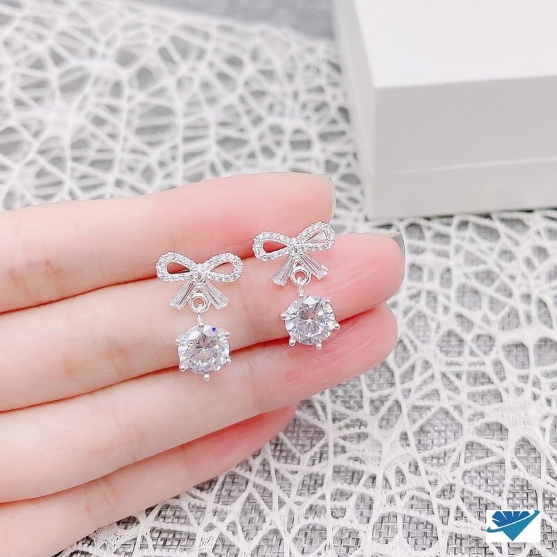 Bông tai nữ THJ - Bông tai nơ treo đá new dáng đẹp chuẩn bạc ta
