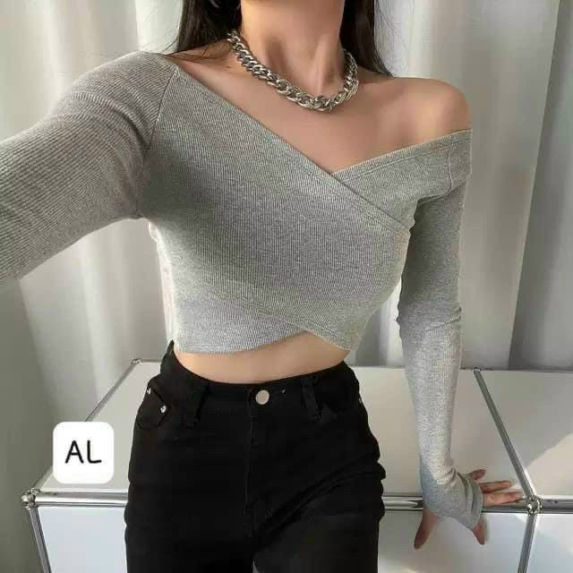 Áo Croptop Tay Dài Đắp Chéo Trễ Vai Ôm - Trơn - AK0063 | steven.factory