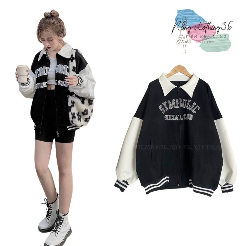 Áo khoác nhung tăm thêu chữ hai lớp tay trắng