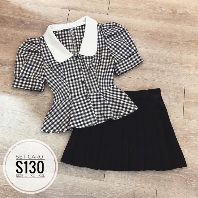 Set big size áo caro và chân váy xếp ly từ 60kg-90kg