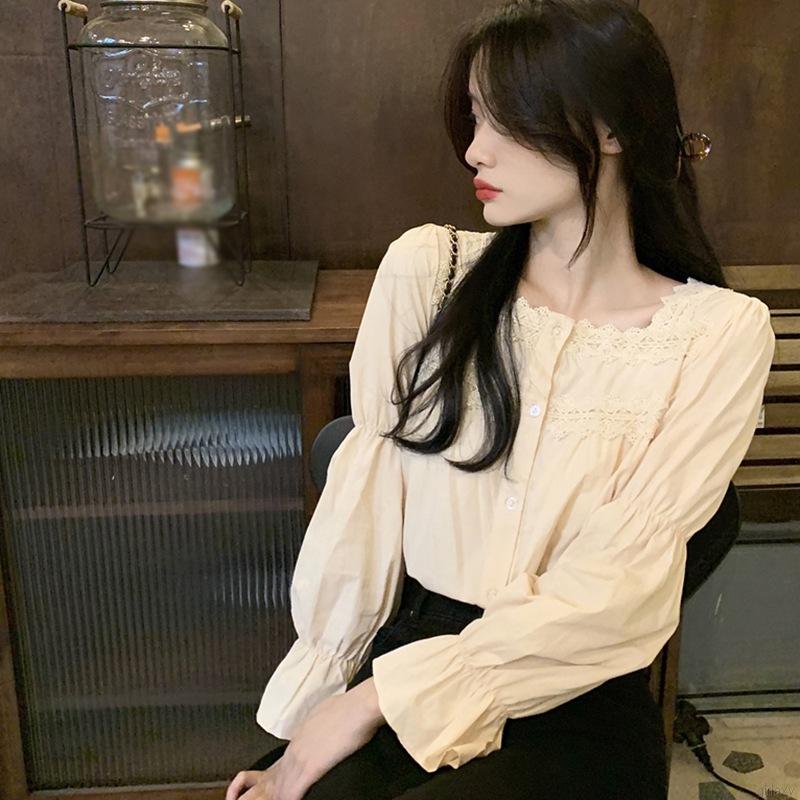 Áo Kiểu Tay Dài Cổ Vuông Phối Ren Phong Cách Retro Hàn Quốc Dành Cho Nữ | BigBuy360 - bigbuy360.vn