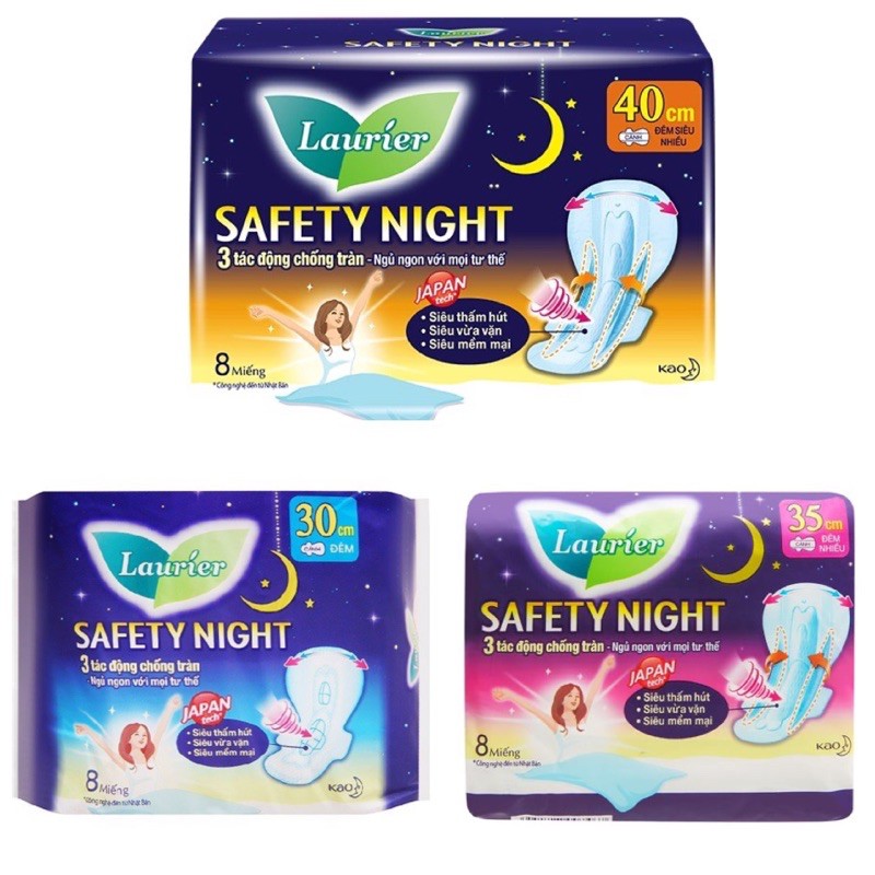 BĂNG VỆ SINH ĐÊM LAURIER SAFETY NIGHT 30CM/ 35CM/ 40CM GÓI 8 MIẾNG