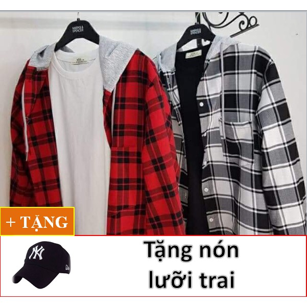 ÁO KHOÁC SƠMI UNISEX CAO CẤP SỌC CARO PHỐI NÓN +TẶNG KÈM LƯỠI TRAI CAO CẤP