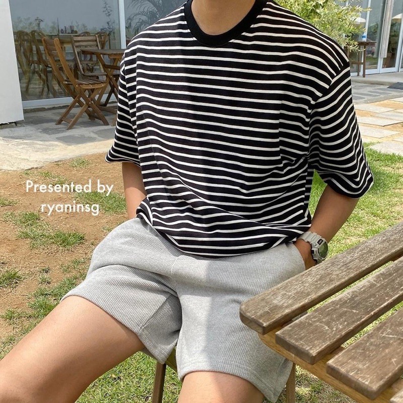 (Kèm clip) RYAN - Áo thun nam ngắn tay sọc đen trắng cotton cổ bo tròn thương hiệu RYAN form rộng Hàn Quốc | WebRaoVat - webraovat.net.vn