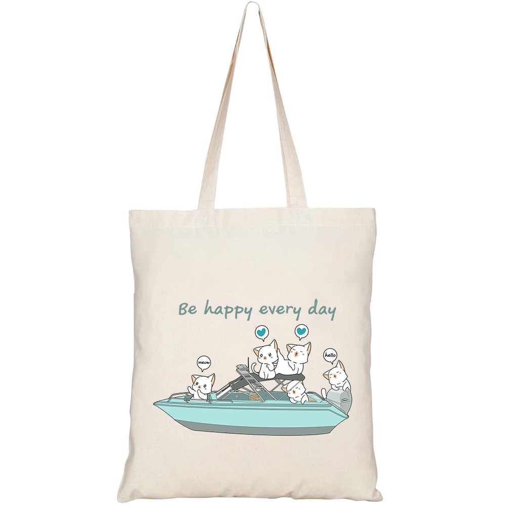 Túi vải tote canvas HTFashion in hình kawaii cats speed boat HT139