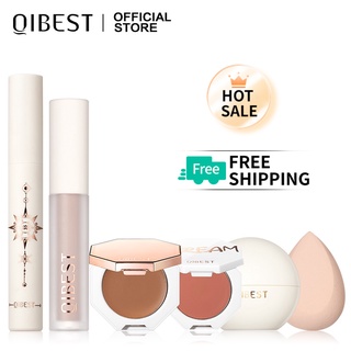 Bộ 7 món trang điểm QIBEST kem nền + má hồng + kem che khuyết điểm + son môi + phấn phủ + kem tạo khối + mút