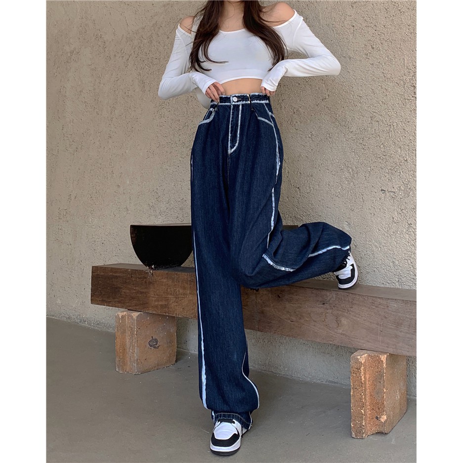 Quần Jeans xanh viền trắng móc cạp Delys