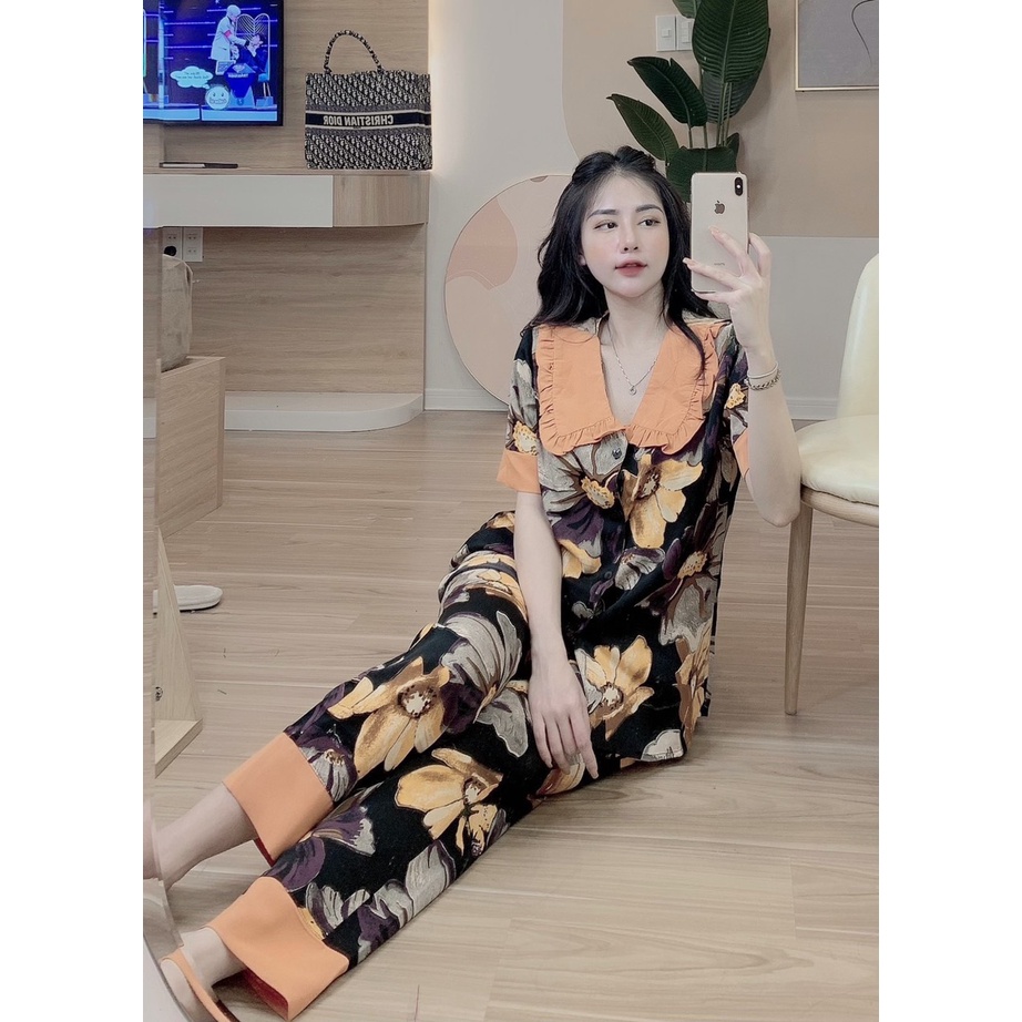 Đồ bộ, pijama lụa Sarang cao cấp áo cổ bèo, quần dài