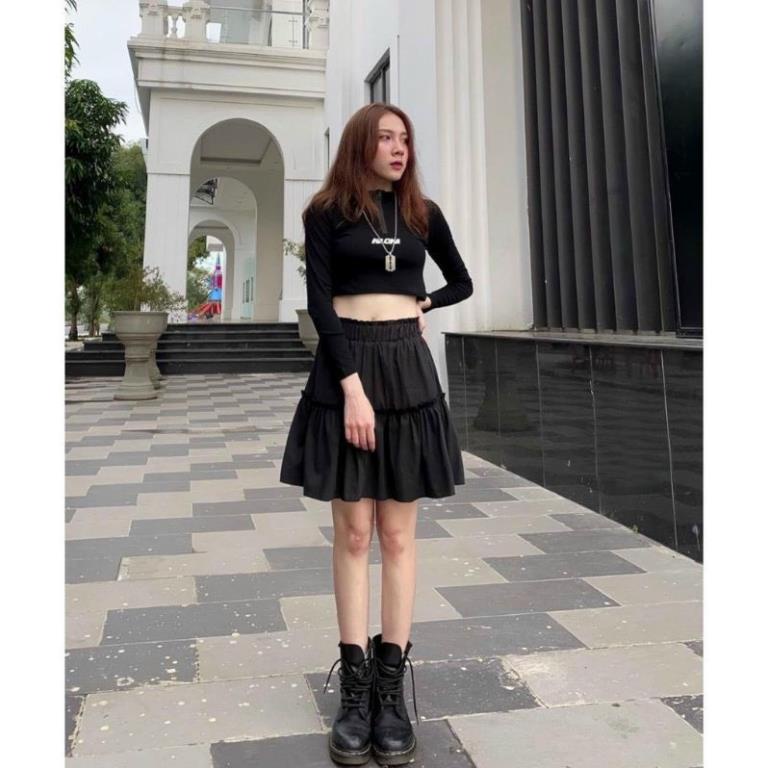 Chân váy Ulzzang lưng thun hai tầng hai màu trắng đen hai tầng cực hot