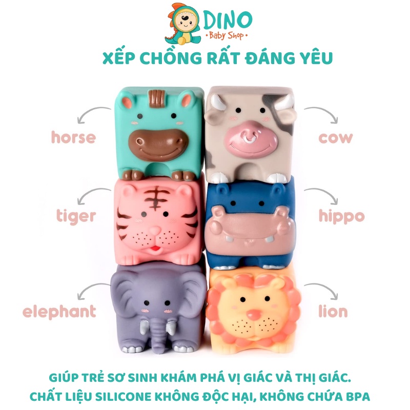 Đồ chơi khối lập phương bằng cao su mềm, đồ chơi nhà tắm hình động vật đáng yêu cho bé Dino