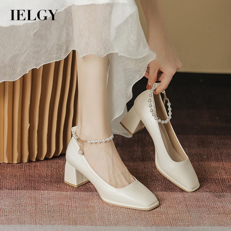 Giày cao gót dày Ielgy cài khóa đính ngọc trai giả dễ phối đồ thời trang cho nữ