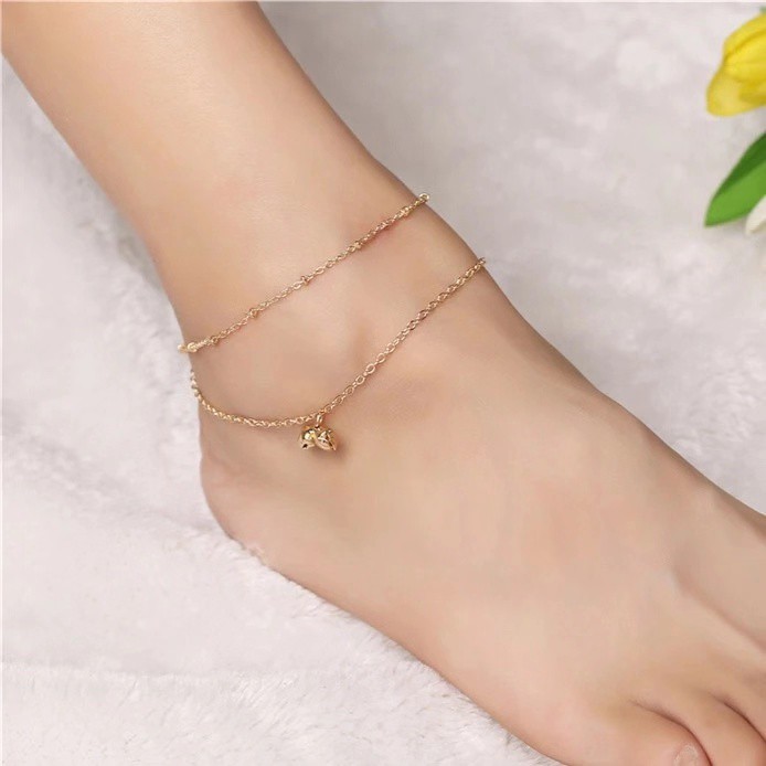 Lắc chân hai lớp bằng thép titan nhập Đức mạ vàng hồng 18K hạt tròn nhỏ siêu mịn chống dị ứng phong cách Hàn Quốc