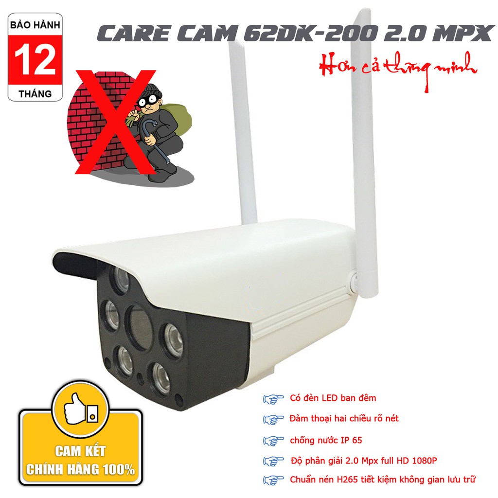 Camera WIFI ngoài trời Care Cam 62DK-200HK 2.0Mpx có đèn LED quay đêm , đàm thoại 2 chiều, cảnh báo chuyển động