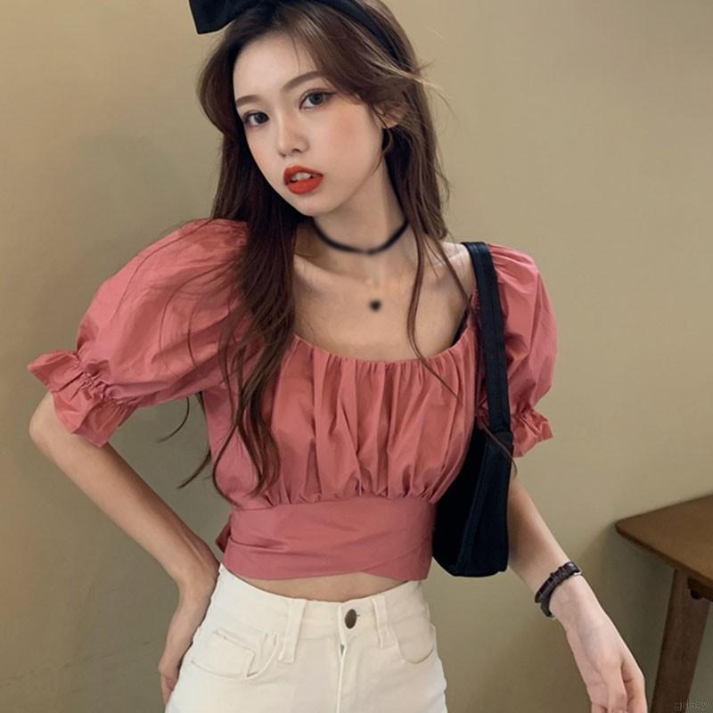  Áo kiểu cho nữ tay phồng ngắn xẻ cổ chữ U phong cách Hàn Quốc đáng yêu | BigBuy360 - bigbuy360.vn