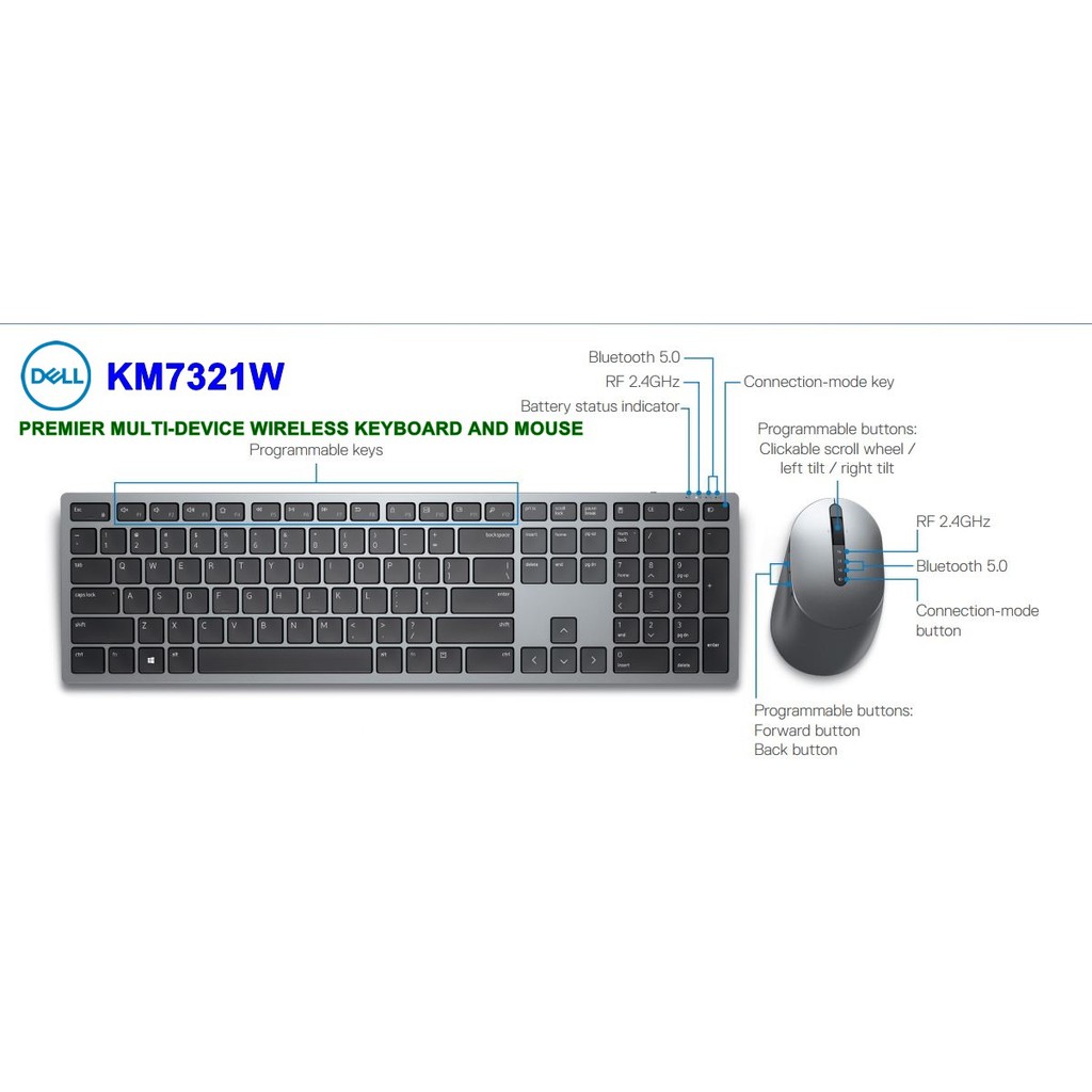 Dell KM7321W Premier Multi Device Keyboard Mouse Bàn phím chuột không dây KM 7321 7321W kết nối 3 máy 2 Bluetooth +1 USB