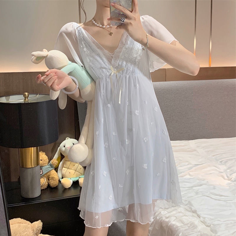 Bộ Đồ Ngủ Tay Ngắn Cổ Chữ V Phối Ren Dáng Rộng Phong Cách Kimono Nhật Bản Thời Trang Mùa Hè Mới Cho Nữ