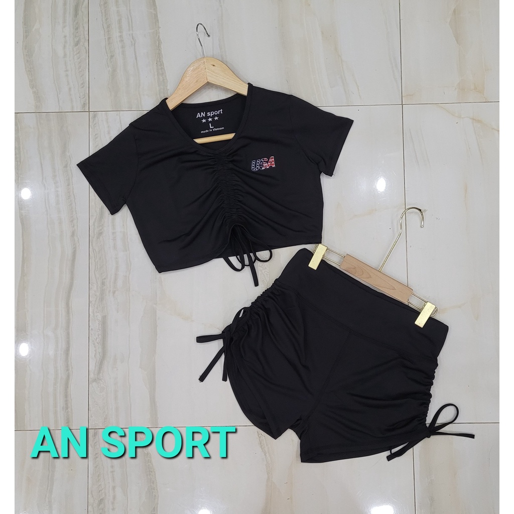 Sét Bộ Đồ Tập Gym Dây Rút Tập Yoga Aerobic Chạy Bộ Gồm Áo có tay rút dây, Quần Đùi Dây Rút hai bên, Tôn Dáng Ansports