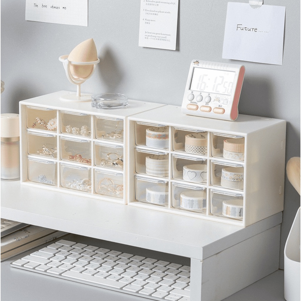 Kệ Tủ 9 Ngăn Nhựa Trắng Trong Suốt - Kệ Để Bàn 9 Ngăn 3 Tầng - Tủ đựng sticker hộp đựng sticker 9 ngăn kệ học để