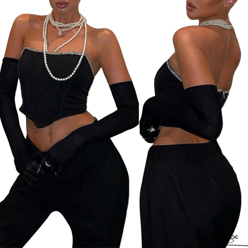 Áo Thun Crop Top Hai Dây Quấn Ngực Màu Trơn Đính Kim Cương Gợi Cảm Thời Trang Mùa Xuân Cho Nữ