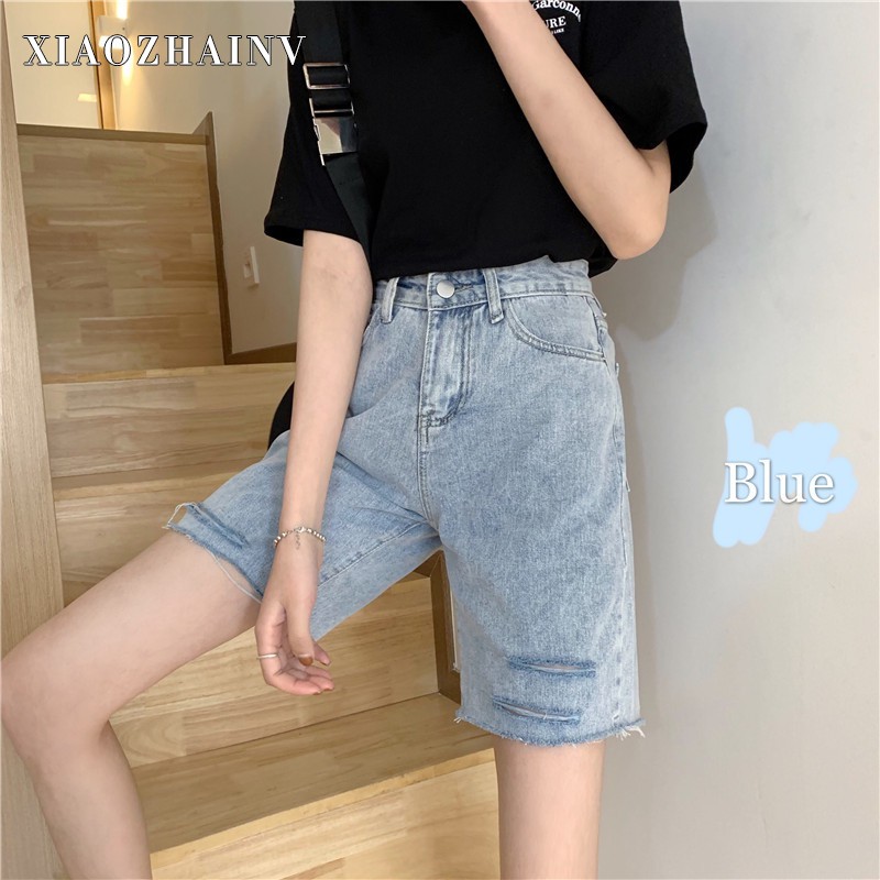 Xiaozhainv Quần Đùi Denim Ống Rộng Rách Tua Rua Cá Tính | BigBuy360 - bigbuy360.vn