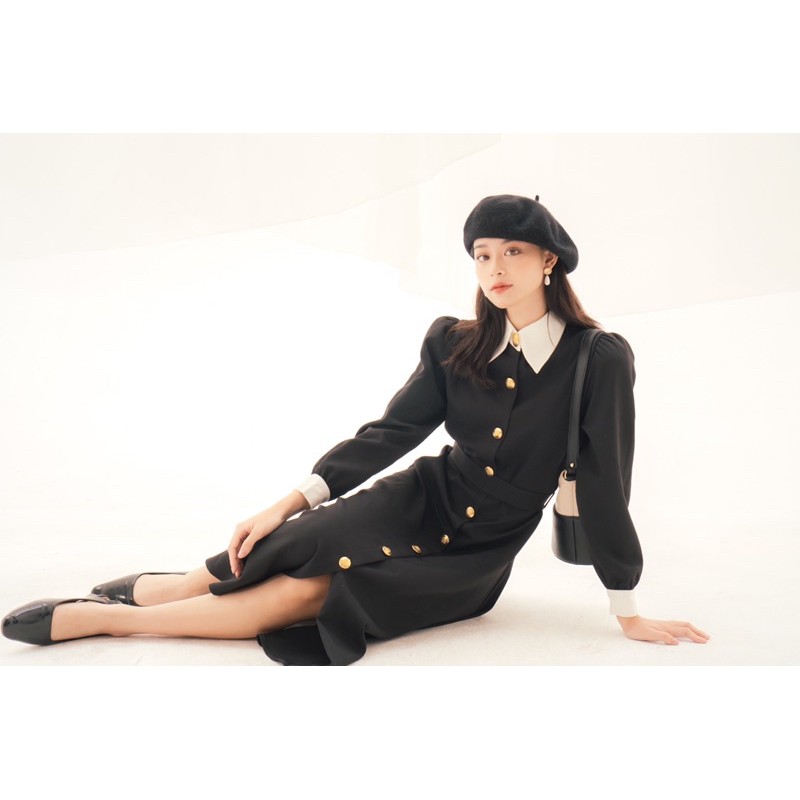 THE19CLUB - Váy sơ mi cotton đen cổ trắng - MARIA DRESS