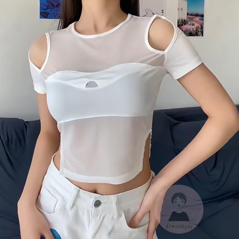 Áo Crop Top Tay Ngắn Cổ Tròn Phối Lưới Thời Trang Mùa Hè Cho Nữ