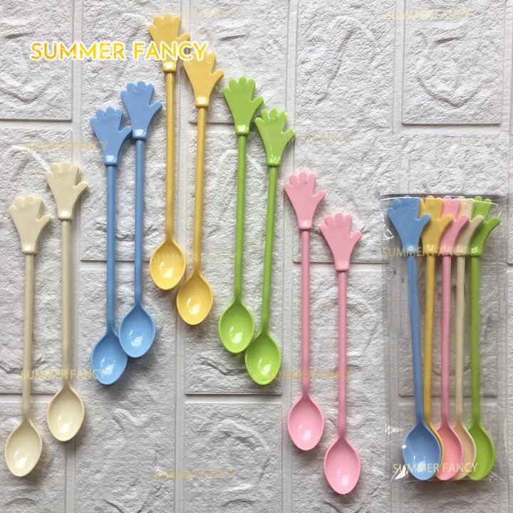 5 Muỗng 20cm hình bàn tay nhựa pha chế đuôi màu tươi, màu đen, màu pastel - thìa bar que khuấy sinh tố - Hand spoon