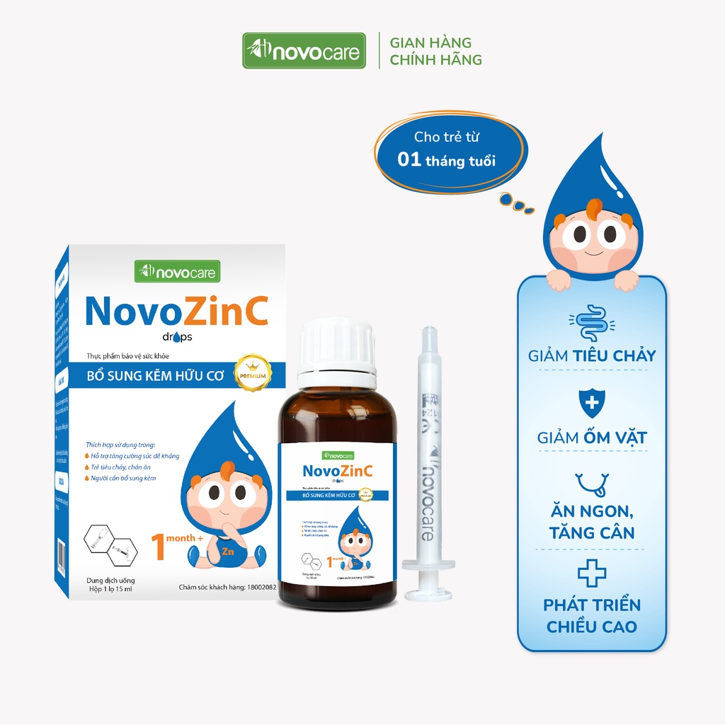 Kẽm Novocare Novozinc bổ sung kẽm hữu cơ cho bé biếng ăn, hỗ trợ tăng đề kháng, thơm ngon không chát