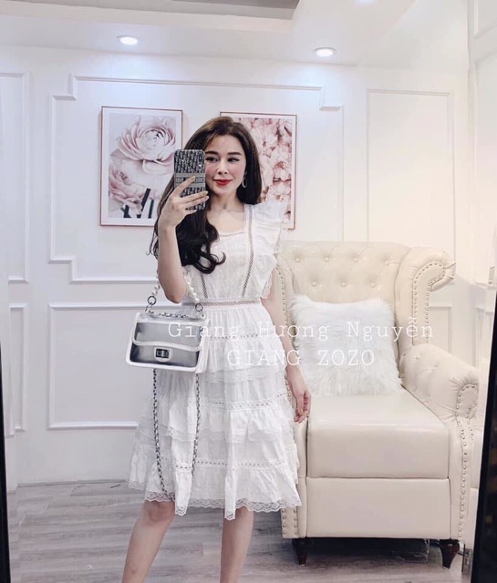 Váy thô pha ren diềm buộc nơ lưng về thêm trắng