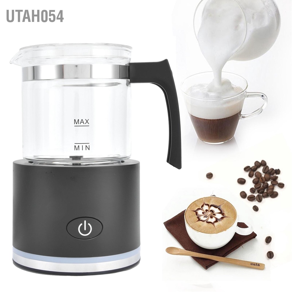 Utah054 Máy làm lạnh sữa bằng thủy tinh có thể nóng tạo bọt và điện tự động tháo rời cho cà phê Latte EU 220V Đen