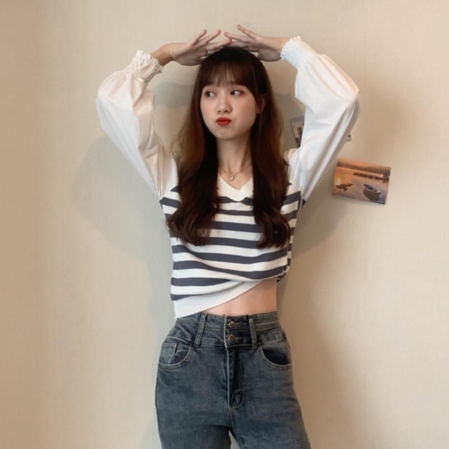 Áo kẻ thu đông pha tay cực xinh