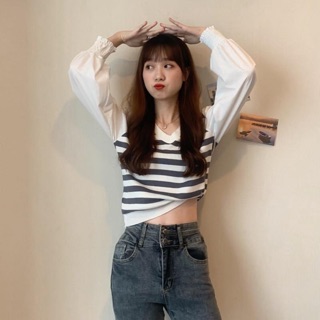 Áo kẻ thu đông pha tay cực xinh