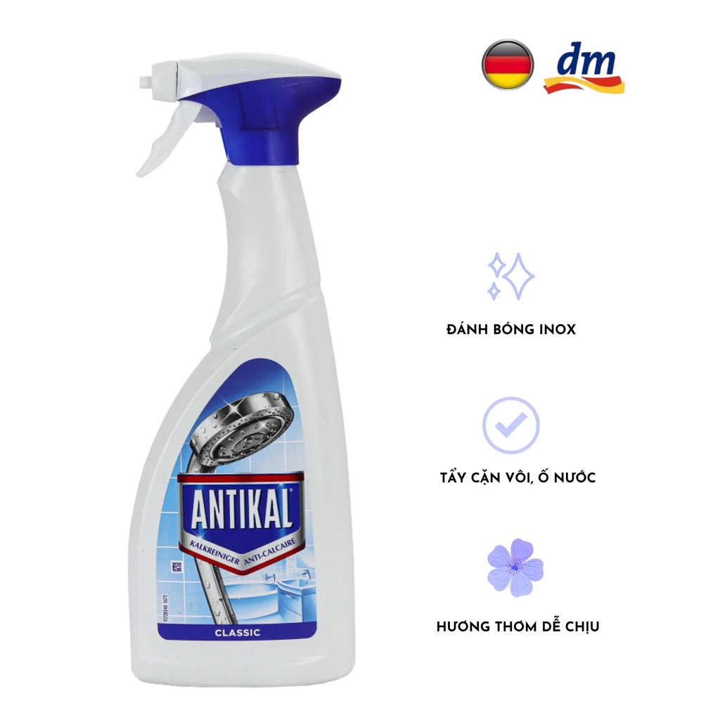 Bình xịt dung dịch tẩy cặn bám trên đồ inox ANTIKAL  trong nhà tắm 750ml - hàng nhập khẩu Đức