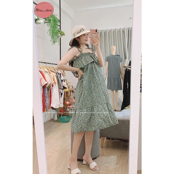 Váy Bầu Hoa Nhí  [FREESHIP] Đầm Bầu Hai Dây Dáng Suông FREESIZE 45-73 kg