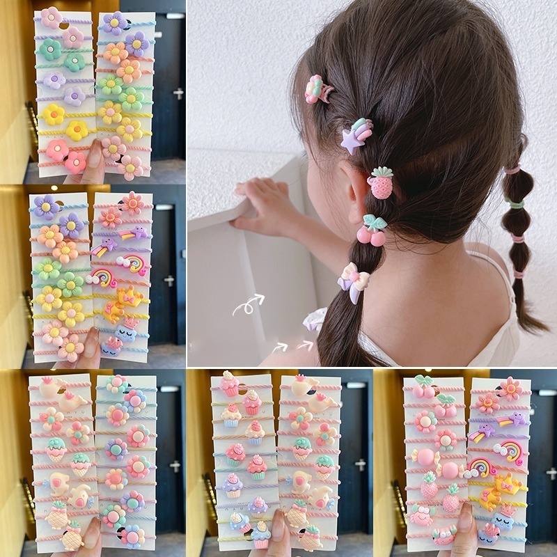 Bộ 10 Dây Buộc Tóc Cao Su Họa Tiết Trái Cây / Động Vật Hoạt Hình Phong Cách Hàn Quốc Cho Bé