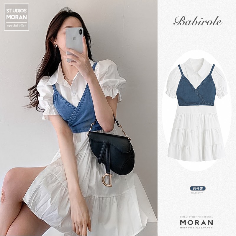 (ORDER) Set váy sơ mi trắng MORAN cổ bẻ xòe ngắn dập viền xếp ly+ Áo yếm hai dây denim style Hàn Quốc (NEW ARRIVALS HOT)