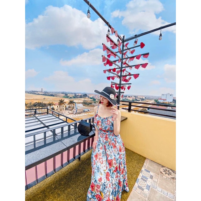 Maxi hoa xếp ly ngực ELILUCY 2 lớp hàng thiết kế cao cấp độc đẹp phù hợp đi biển, đi dạo