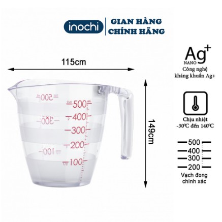 Cốc đong chia vạch INOCHI Yoko 500ml, 200ml hàng xuất NHẬT chịu lực tốt và chịu nhiệt nhựa SAN nguyên sinh không chứa BP