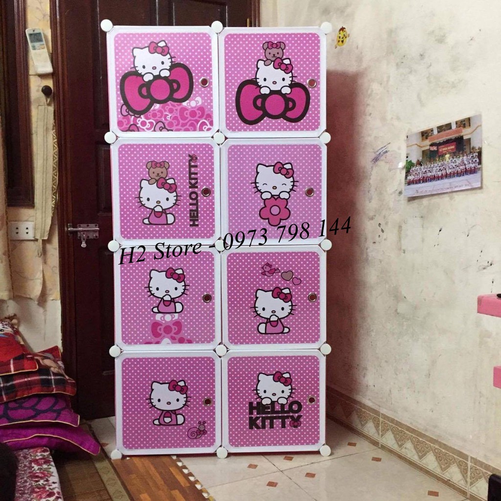 Tủ nhựa đa năng 8 ô size to treo đồ được đồ người lớn ( thân hồng phấn, cửa kitty chấm bi )