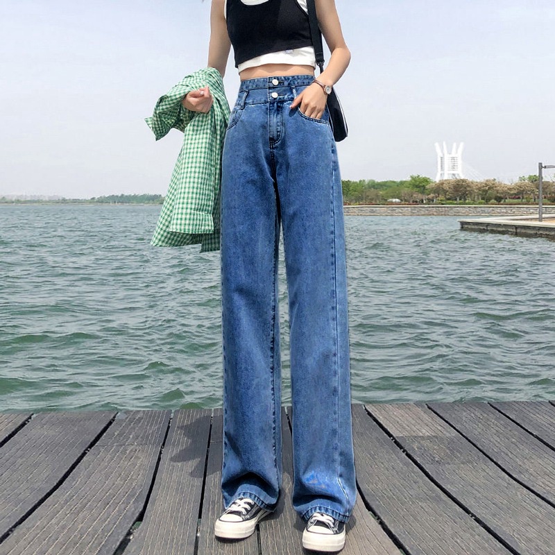 Quần Bò Ống Suông Rộng Nữ BeUShop Lưng Cao, Quần Jean Nữ Dáng Suông Cạp cao Xuông 2 Cúc Cá Tính Q125